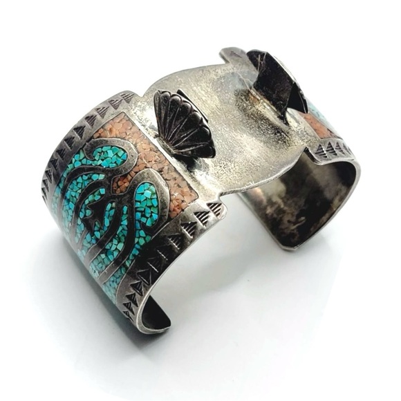 Signed - Thomas SingerNavajo Vintage Crushed Turquoise & Coral Inlay Watch Cuff